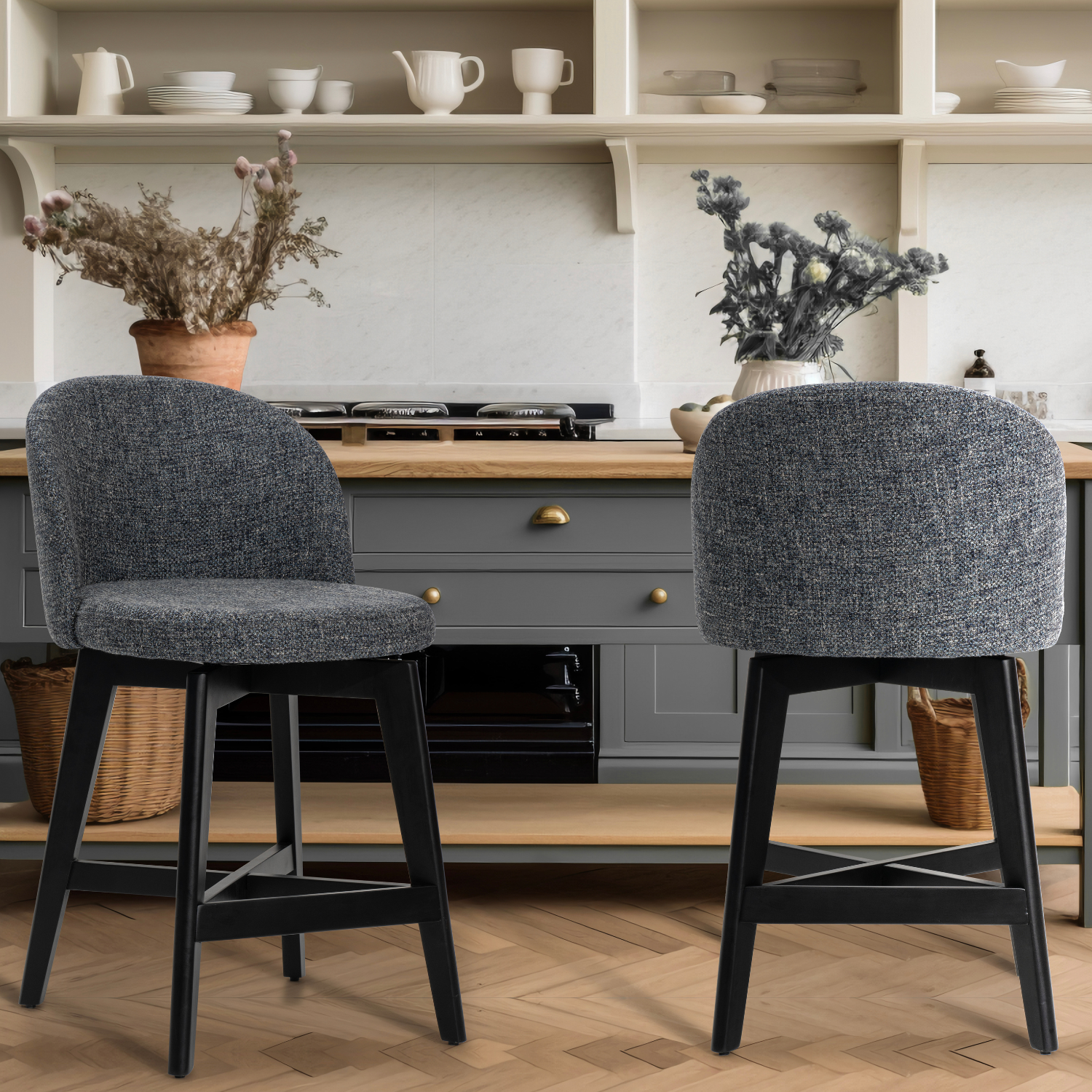 ORERO Counter Stool (Set of 2) Performance Fabric Upholstery with Solid Wood Frame 360° Swivel Base
