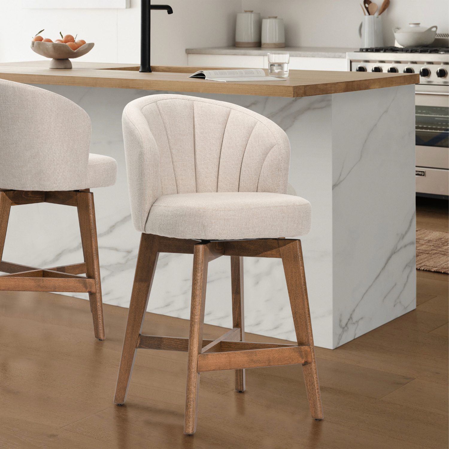 VIOLA Counter Stool (Set of 2) Swivel Scoop-Back Upholstered Counter-Height Chair with Walnut Wood Legs